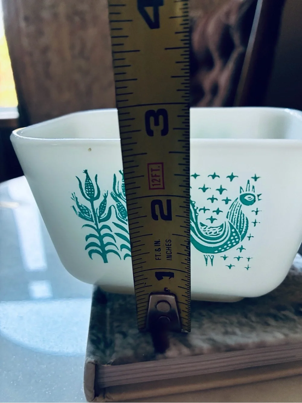 Pyrex White Milk Glass Covered 1 cup  with Teal Rooster Design